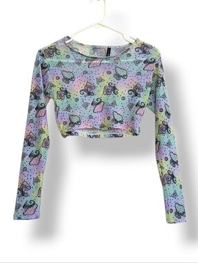 Bodyrage Pastel Rainbow Mushroom Long-Sleeve Mesh Crop Top Festival Magic Fairy